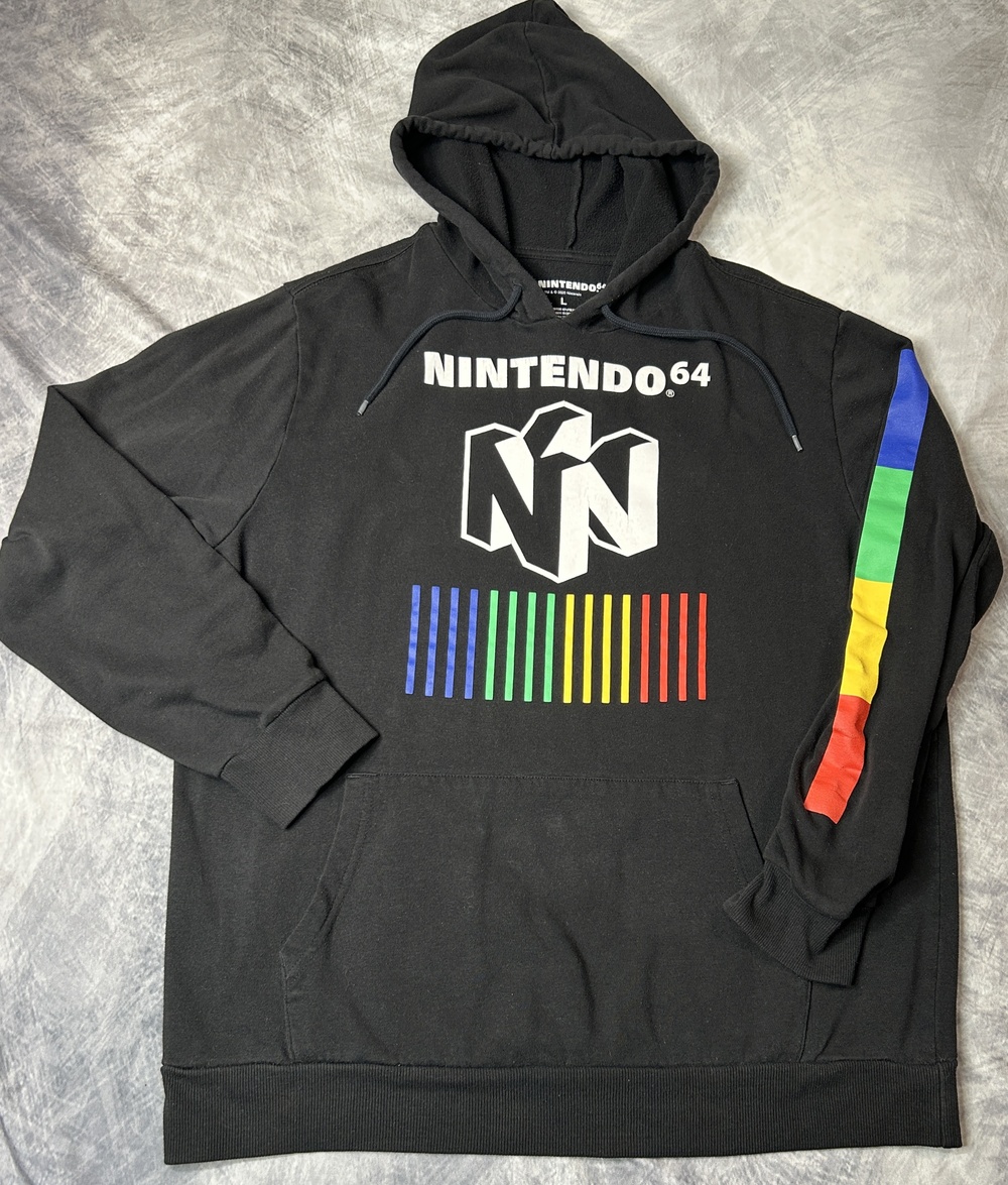 Nintendo 64 Hoodie Mens Large Black Fleece Pullover Rainbow Graphic Retro